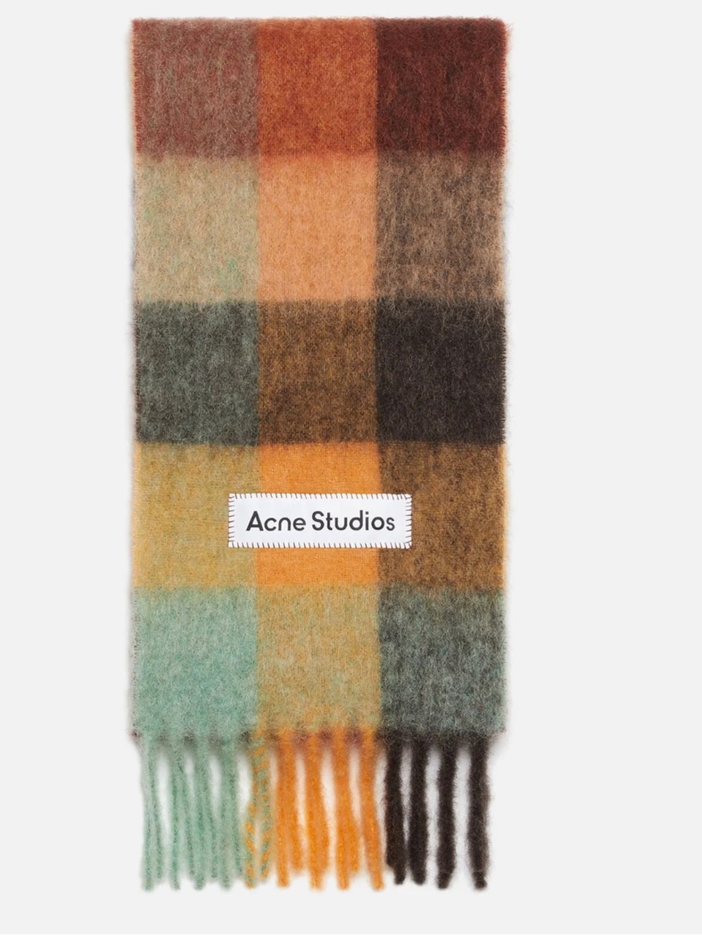 Acne Studios Scarf Vally Plaid Alpaca Wool Mohair Brown Multi Color Fringed NWT